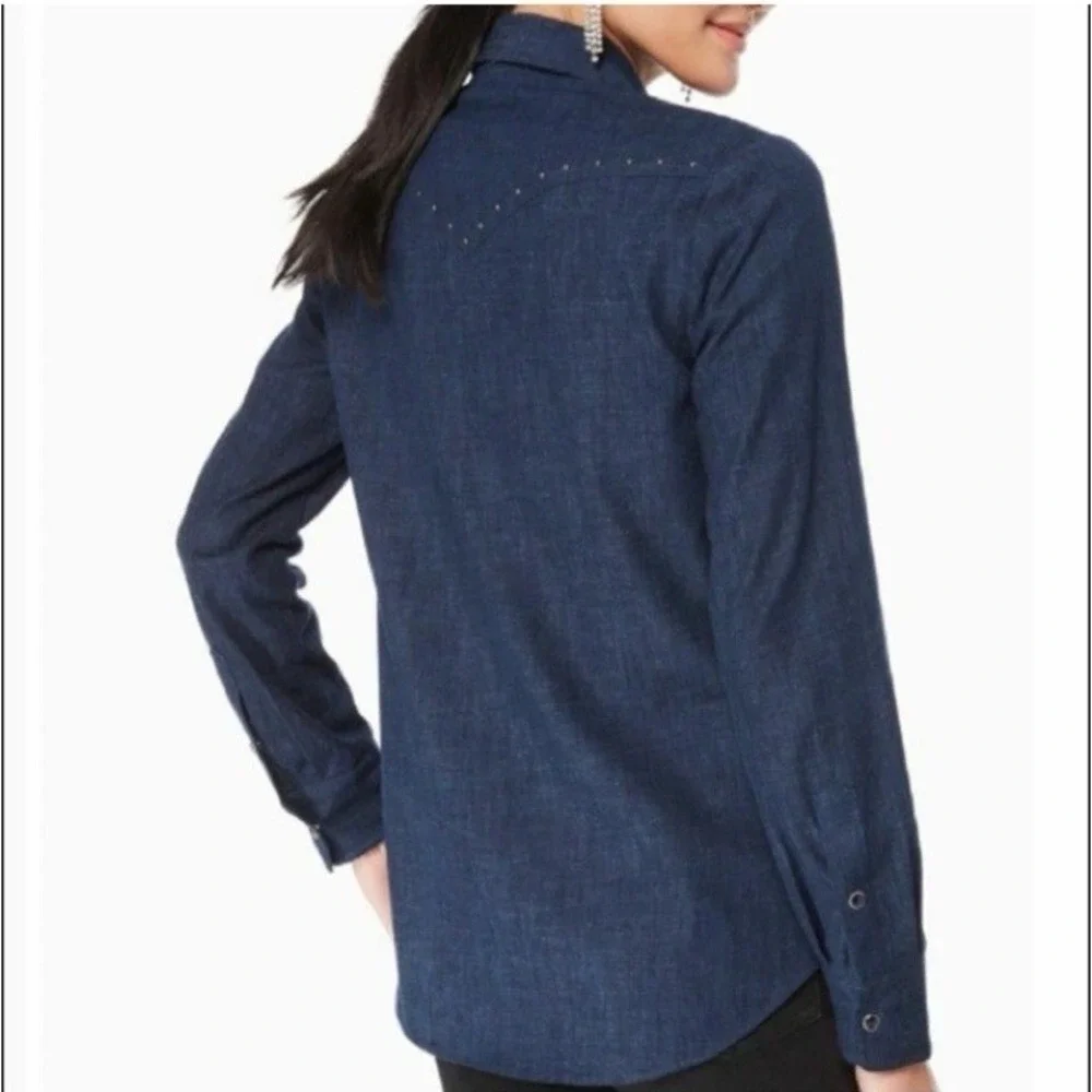 Kate Spade Women XXS Floral Embroidered Chambray‎ L/S Shirt Blue Denim Western